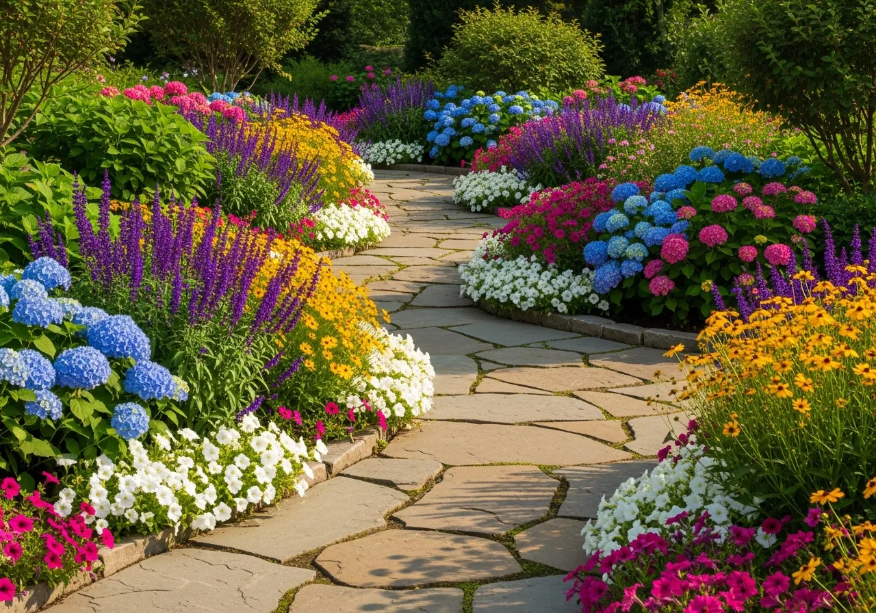 Beautiful landscape design with flowering plants and stone pathways