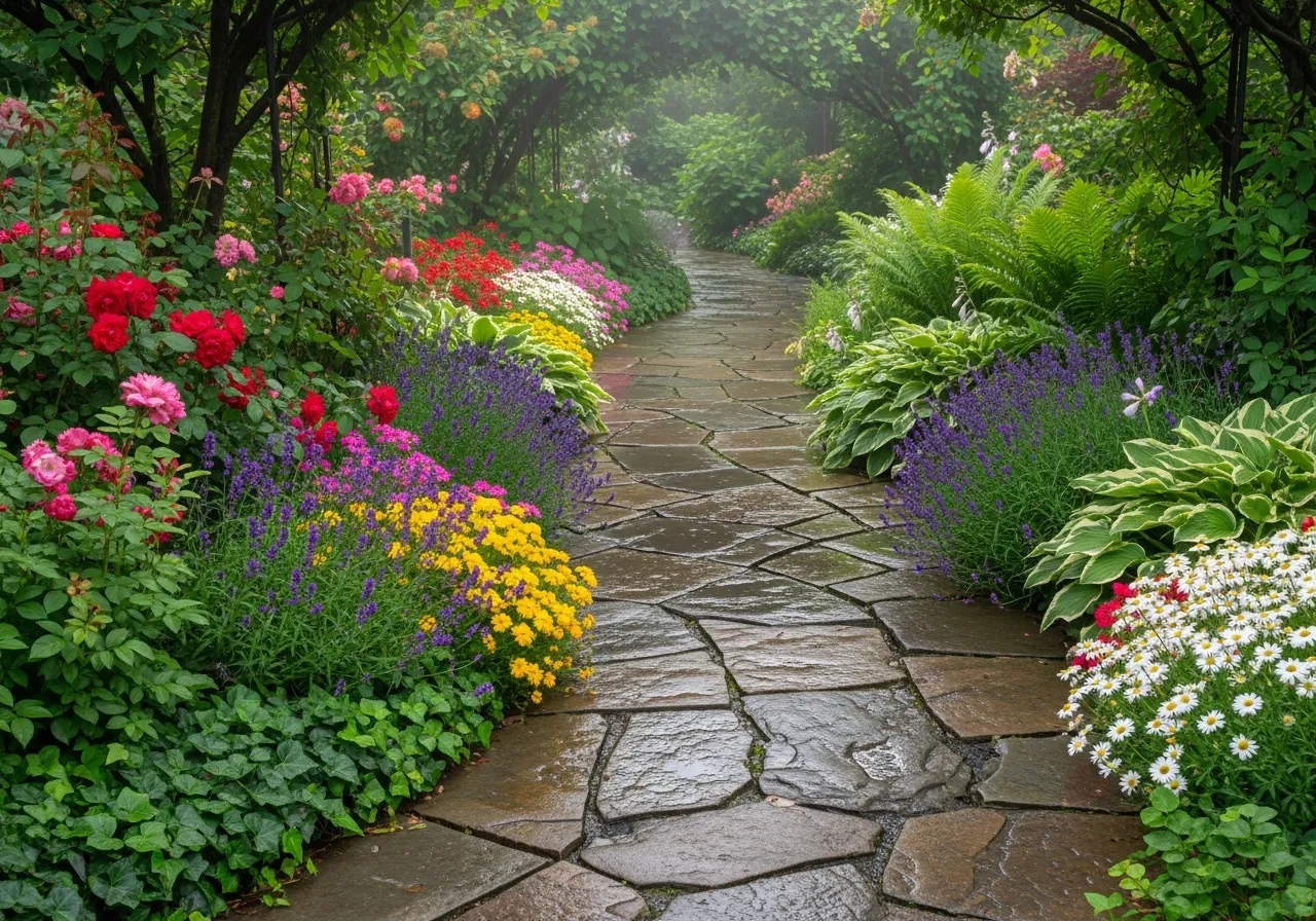 Stone garden pathway surrounded by lush greenery and colorful flowers