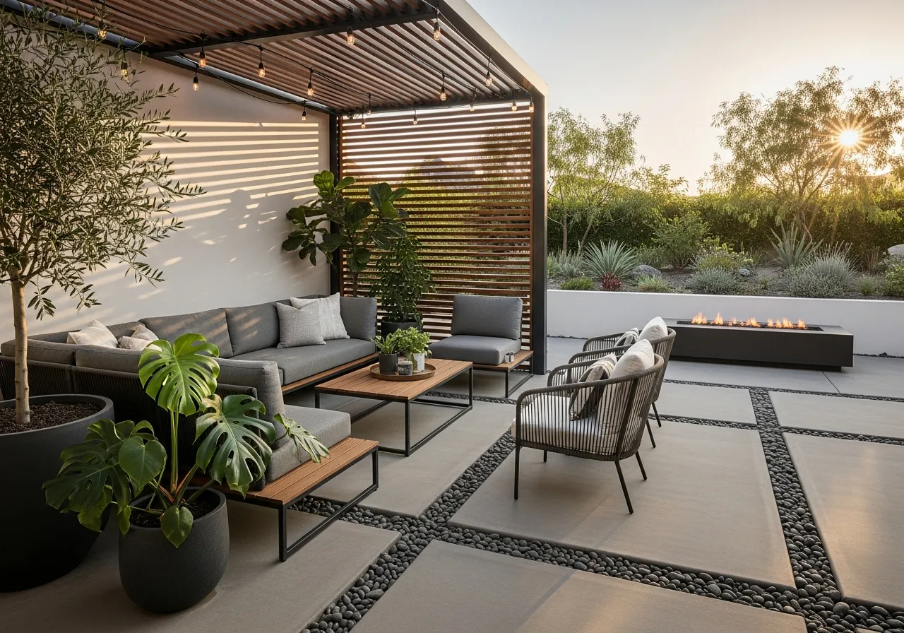 Modern patio design with comfortable seating and ornamental plants