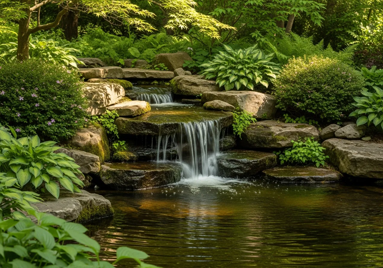 Peaceful water feature with natural stone and surrounding foliage
