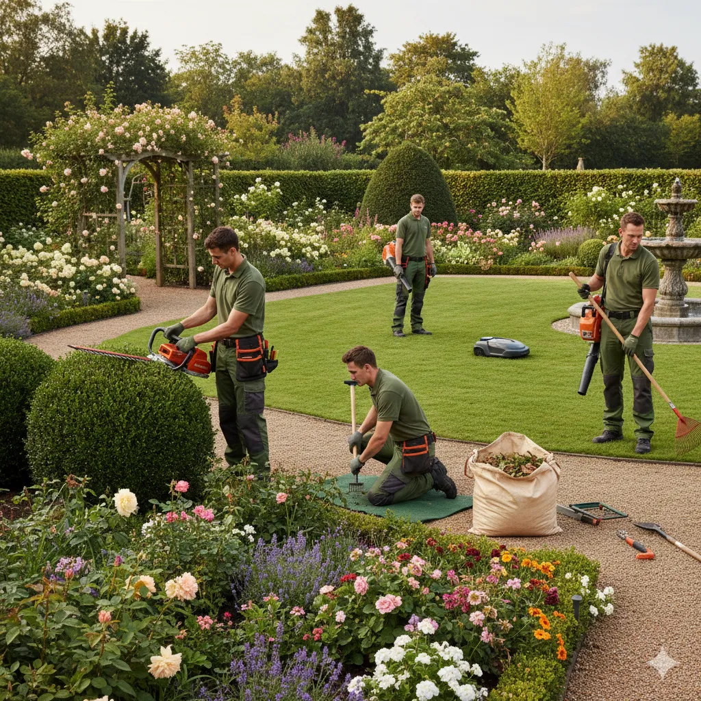 Professional landscape maintenance team working on garden care